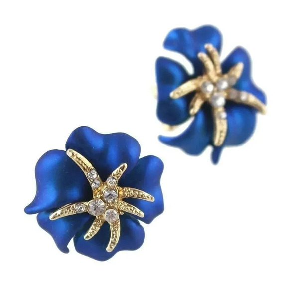 Satin Cobalt Blue Enamel Tropical Flower Stud Earrings with Crystal Accents - Picture 2 of 4